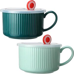 Nuenen 2 Pcs Soup Bowls with Lids and Handles 30 oz Microwave Safe Ceramic Soup Mug Microwavable Ramen Containers with Lids Large Colorful Cups for Noodle Cereal kitchen(Blue, Dark Green)