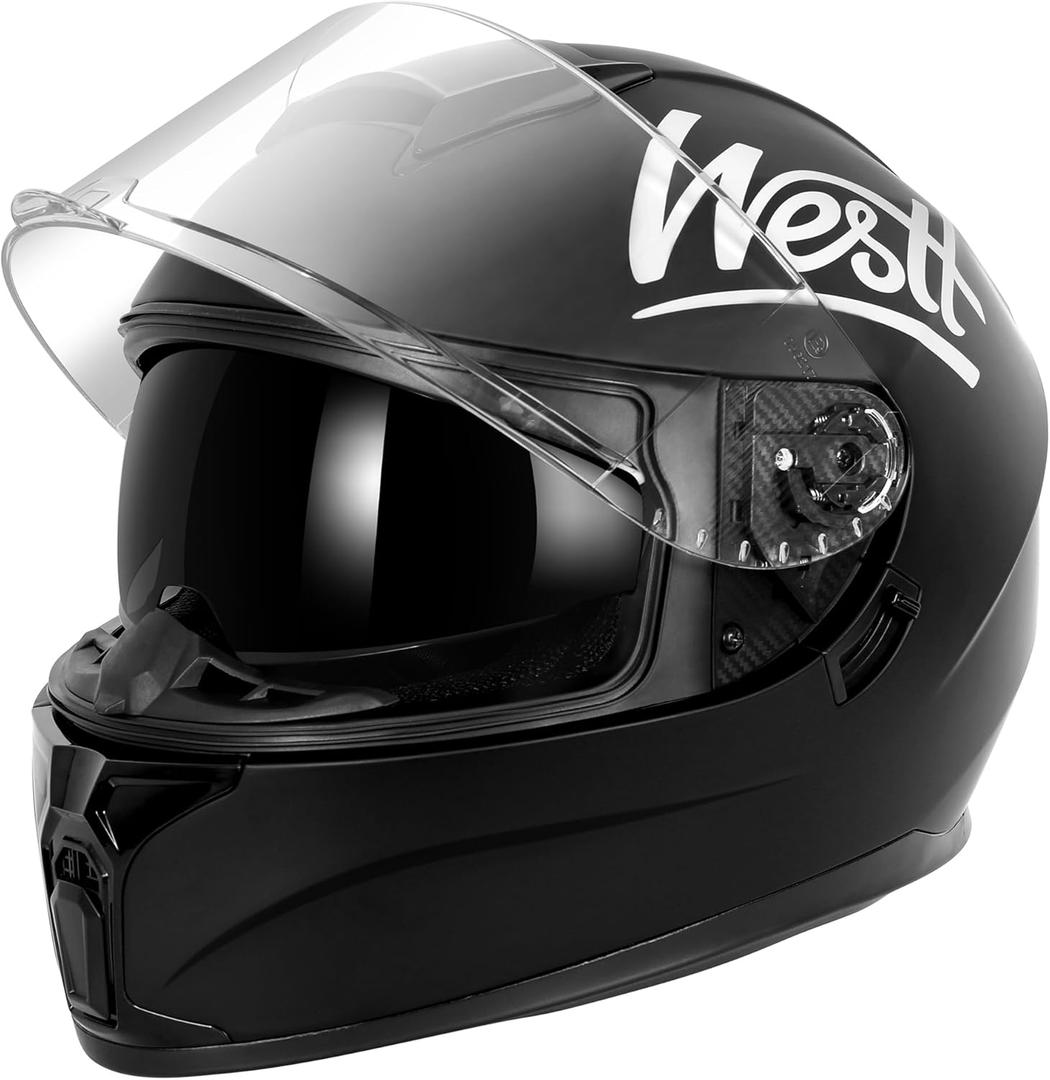 Westt Motorcycle Helmets Full Face Helmets - Street Bike Helmet with Dual Visor DOT Approved for Men Women Adults Compact Lightweight Storm X Grey Black White (Black, M (22.44-22.84 in))