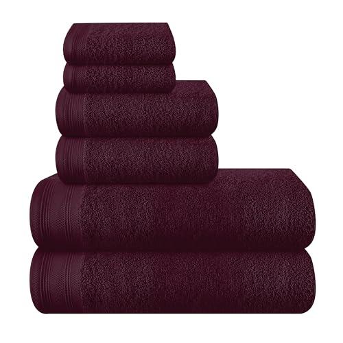 MALLONI HOME Ultra Soft 6 Pack Cotton Towel Set, Contains 2 Bath Towels 28x55 inch, 2 Hand Towels 16x24 inch & 2 Wash Coths 12x12 inch, Ideal Everyday use, Compact & Lightweight - Burgundy