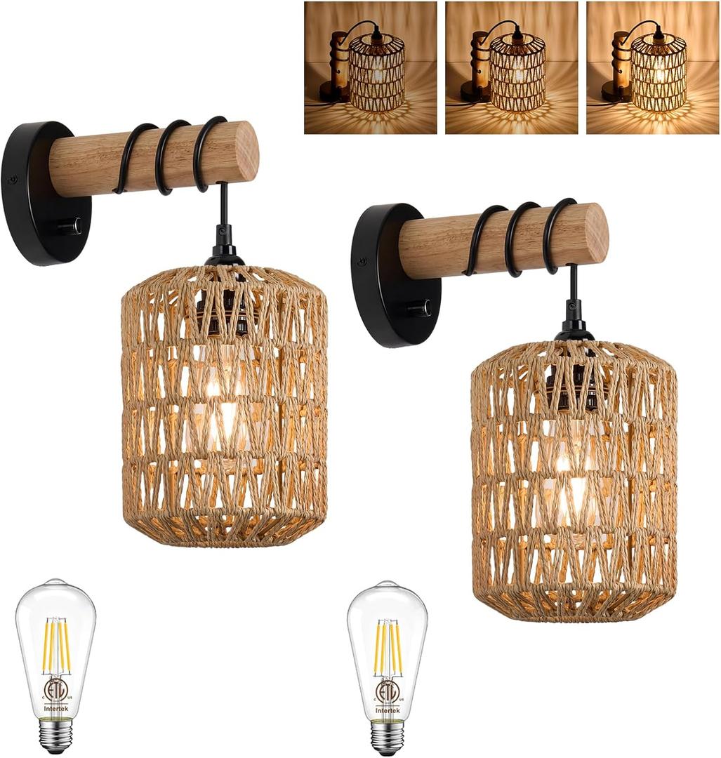 ALAISLYC Boho Wall Sconces Set of 2 Rattan Wall Sconce Dimmer Wall Lamp Light Fixtures with Cord Wicker Hanging Wall Mount Light for Bedroom Living Room