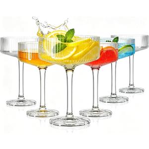 Plastic Coupe Glasses Set of 6, 10oz Ribbed Martini Glasses, Unique Cocktail Glass for Espresso Martini, Whiskey, Margarita, Home Bar, Parties, Weddings & Gift