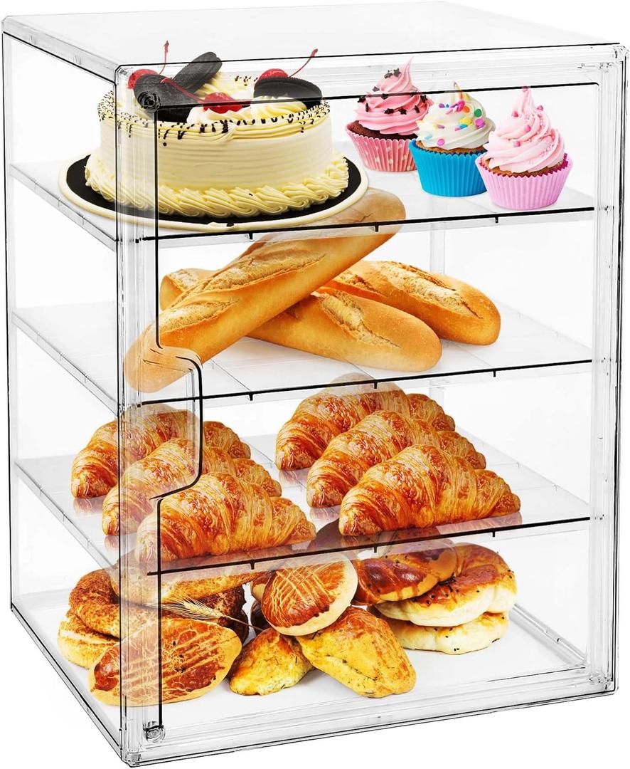 MEI NIAN Pastry Display Case,Bread Box for Kitchen Countertop,4-Layer Adjustable BreadBox, Large Capacity Bread Box for Home-baked Breads,Muffins,Bagel Storage Container, Bread Holder (transparent)