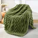 Exclusivo Mezcla Fleece Throw Blanket for Couch, Super Soft Striped Jacquard Bed Blanket, Lightweight Fuzzy Cozy for All Seasons, 50x60 Inches, Olive Green
