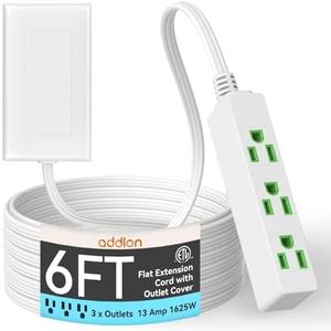 addlon Flat Plug Power Strip with Ultra-Thin Wall Plate, 6 FT Flat Extension Cord with 3 Standard 13A 1625W Outlets, Electrocution Protection, Includes 2 Sets of Fixing Clip, ETL Listed