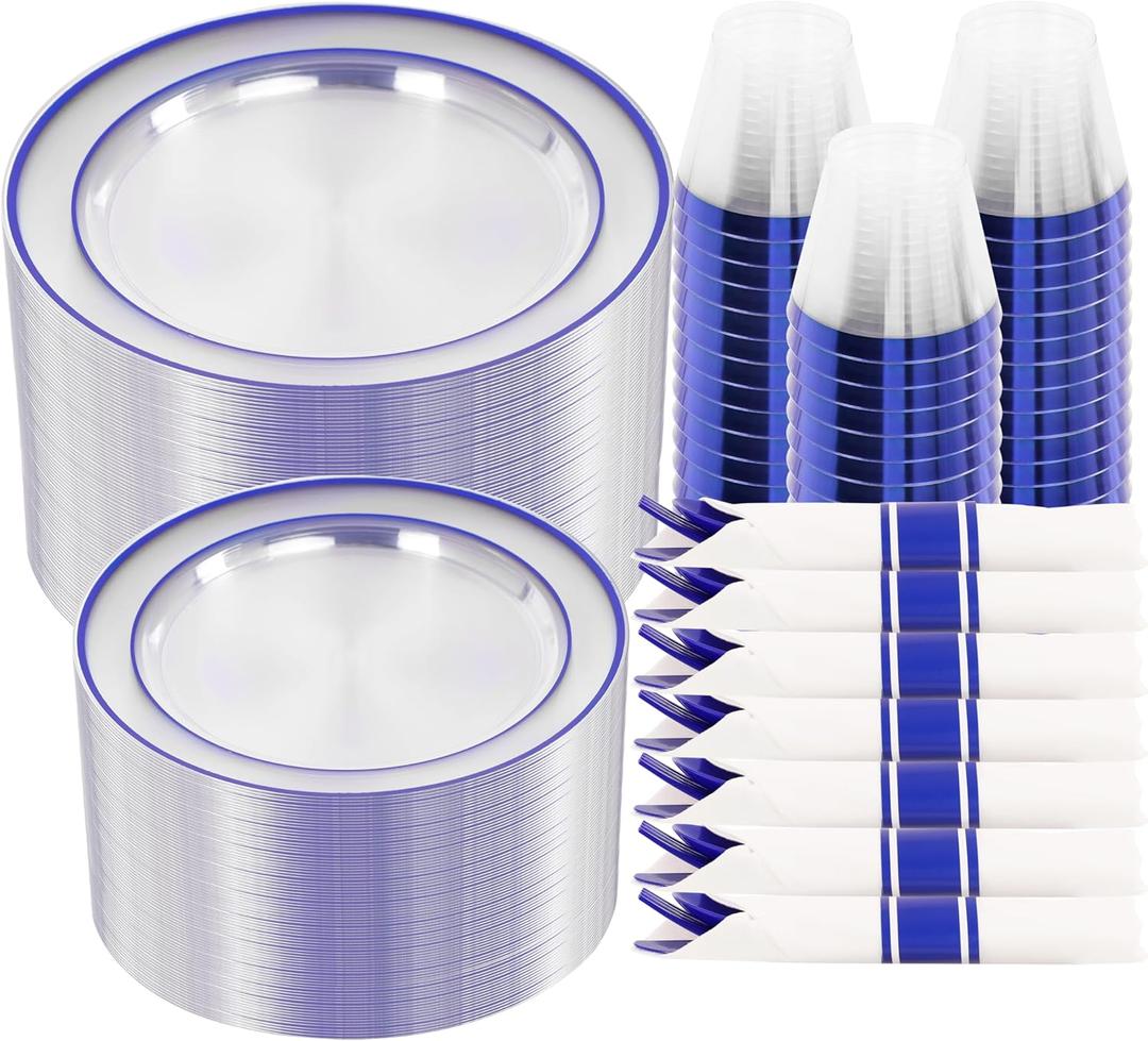 I00000 350 Pcs Blue Plastic Dinnerware Set for 50 Guests Include: 100 Blue Party Plates, 50 Pre Rolled Napkins with Cutlery Set, 50 Cups for Birthday, Wedding Party Graduation