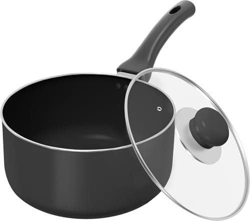 Utopia Kitchen 2 Quart Detachable handle Nonstick Saucepan with Glass Lid, Multipurpose Use for Home, Kitchen or Restaurant, Grey & Black
