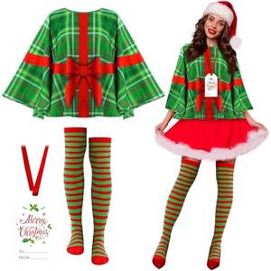 Blosssound Christmas Candy Cane Present Costume for Women Holiday Poncho Outfit Adult Red White Green Stripe Thigh High Sock M