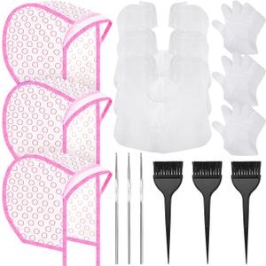 3 Sets Hair Coloring Kit, Includes 3 Pcs of PVC Hair Coloring Caps with 3 Pcs Styling Tools, 3 Pcs Disposable Hair Dye Shawl, 3 Pairs Gloves, 3 Pc Dye Brushes for Dyeing Hair (Pink)