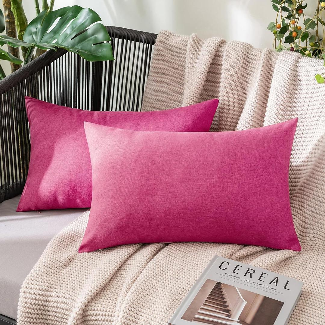 MIULEE Pack of 2 Decorative Outdoor Solid Waterproof Throw Pillow Covers Faux Linen Garden Farmhouse Cushion Cases for Patio Tent Balcony Couch Sofa 20x12 Inch Hot Pink