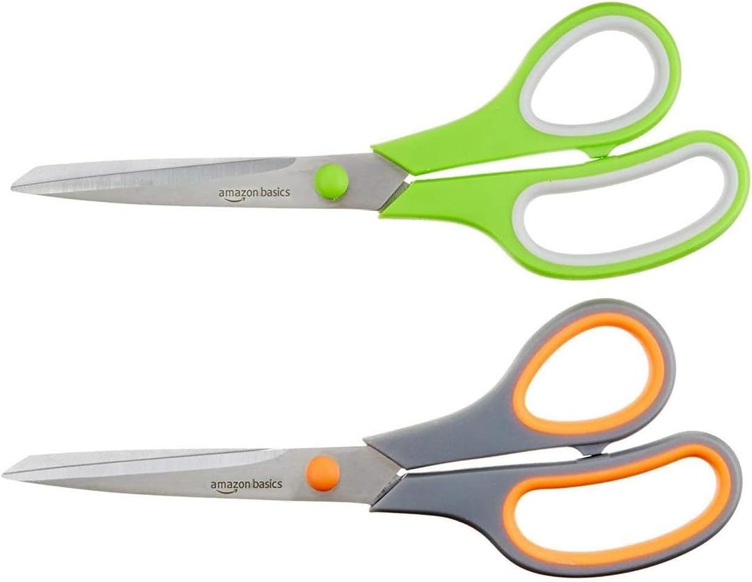 Amazon Basics Multipurpose Stainless Steel Scissors for Office, Crafts, Paper Cutting, Fabric Cutting, Right/Left Handed, Comfort Grip, PVD Coated, 2-Pack, Green and Grey