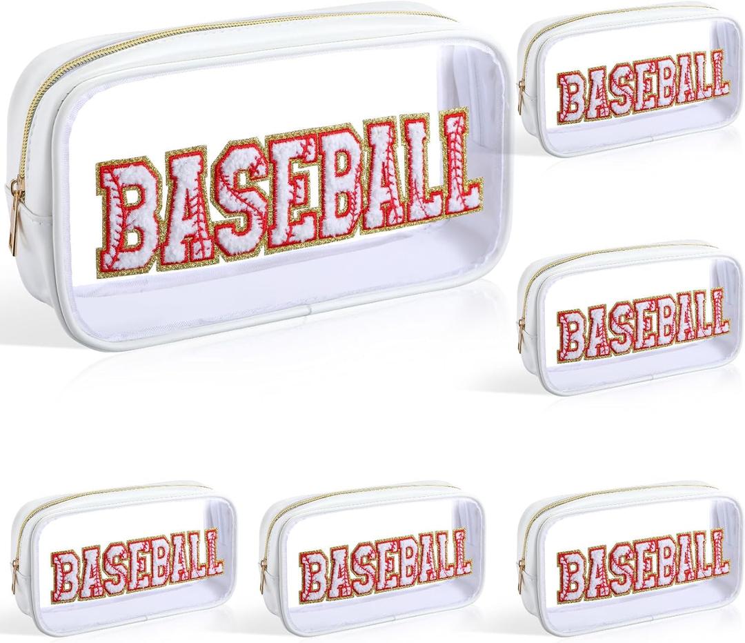 Reallnaive 6 Pcs Baseball Gifts Clear Cosmetic Makeup Bag with Chenille Letter Patch Sport Goodie Clear PVC Pouch Organizer Waterproof Travel Toiletry Bags for Sports Theme Birthday Party Supplies