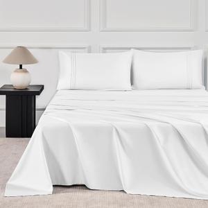 JELLYMONI California King Sheet Sets White - 400 Thread Count 100% Cotton Sheets, 4 Pieces Silkly Sateen Cotton Sheet Set, Wrinkle Free Hotel Luxury Bedding