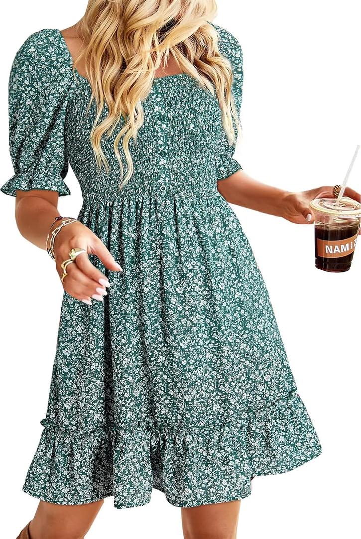 Dokotoo Womens Casual Summer Dresses Short Sleeve Square Neck Smocked Boho Floral Sundress Flowy A-Line Mini Dress, Small
