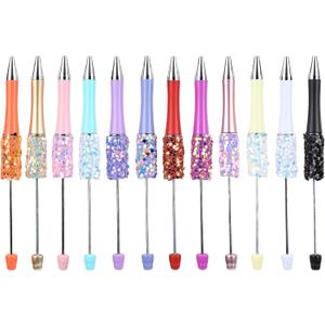 12 PCS Glitter Beadable Ballpoint Pens Retractable Sequin Bead Pen Plastic DIY Fancy Pens Cool Shaft Beaded Pen Sun Moon Star Style Black Ink for DIY Making School Party Office