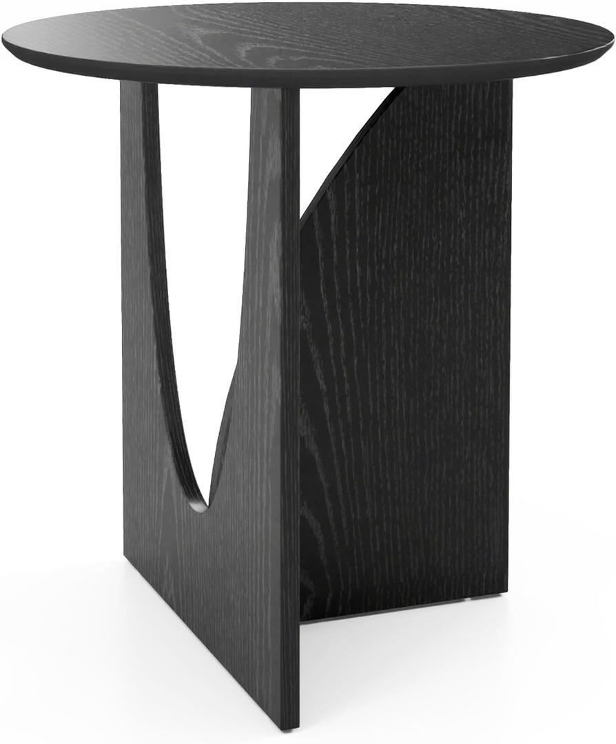 Round Side Table,Modern Aesthetic End Table with Oak Veneer,Wood Accent Table for Living Room, Bedroom (A, Black)