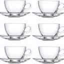GURUDAR Glass Teacup and Saucer Set, 6 Pack Coffee Mug with Stainless Steel Spoon Suitable for Espresso Juice Cappuccino and More Beverage, 7OZ/210ML, Clear