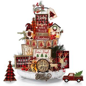 Shellwei 24 Pcs Christmas Tiered Tray Decor Wood Rustic Christmas Decoration for Home Table Shelf Winter Farmhouse Decor Xmas Trees Gnome Elk Snowflake Signs (Buffalo Plaid)
