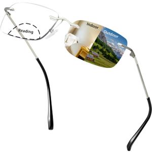 Rimless Bifocal Photochromic Reading Glasses Anti Blue Light Titanium Sunglasses Transition Reading Glasses (Silver)