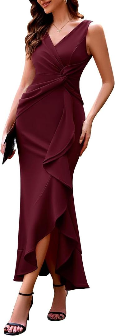 BeryLove Formal Wedding Guest Evening Midi Ruffle Dresses Prom Cocktail Party Mother of The Bride Dress (Medium, Burgundy)