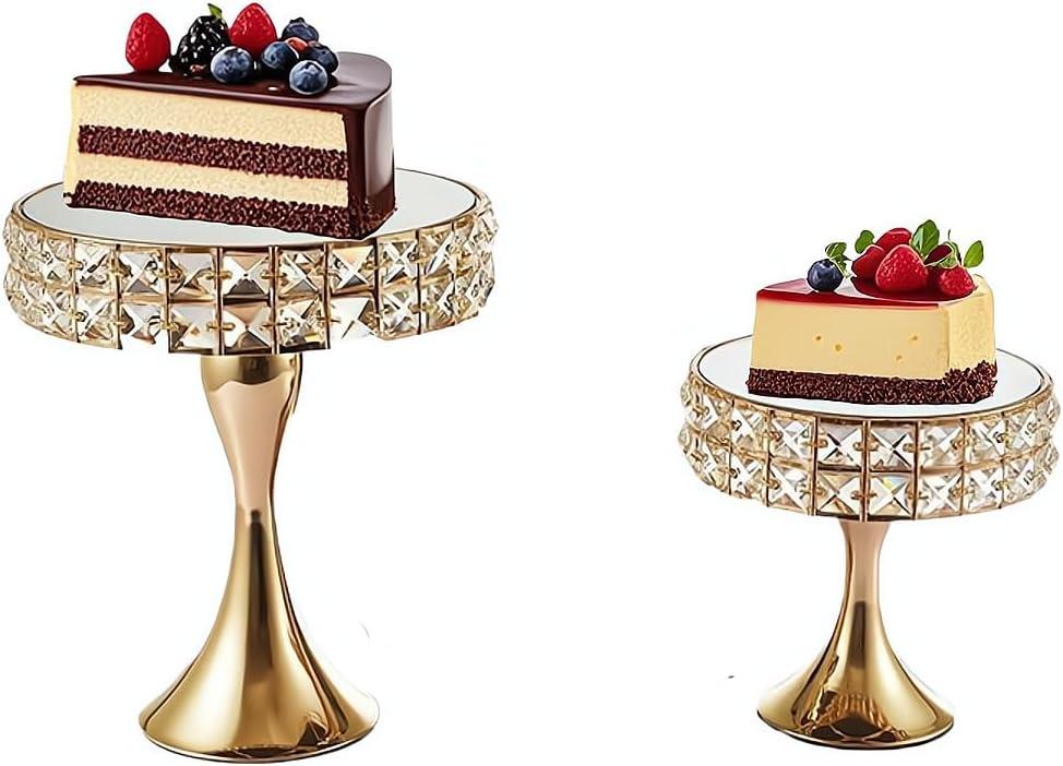 Vidisan 2 Pcs Gold 8/10 Inch Crystal Cake Stand Set Round Cake Stand with Crystal Bling Pendants Dessert Table Display Set for Wedding Event Birthday Party Dessert Table