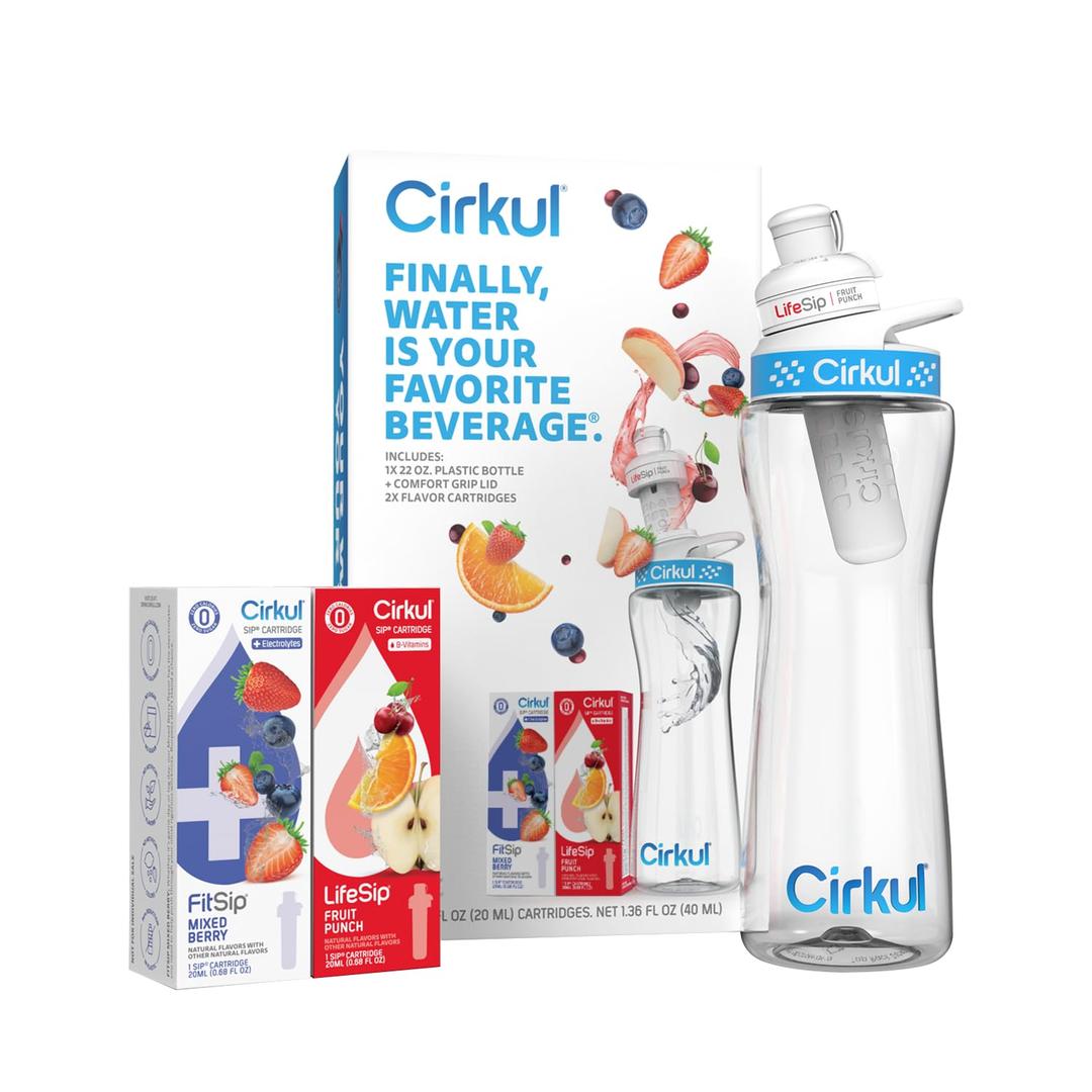 Cirkul 22oz. BPA-Free Plastic Water Bottle Starter Kit with Blue Lid, 2 Flavor Cartridges (1 LifeSip Fruit Punch, 1 FitSip Mixed Berry) Zero Calories and No Sugar