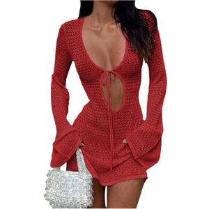Floerns Women's Summer Holiday Beach Flare Sleeve Tie Front Cover Up Cut Out Mini Dress V Neck Hollow Out Beach Dresses (S, Red)