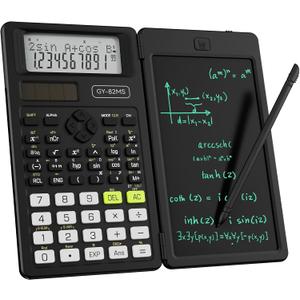 Scientific Calculators for School with Notepad, ROATEE Middle and High School Supplies for Student, 82 MS Foldable 2-Line Display Science Calculator with Writing Tablet, Solar and Battery Power Black