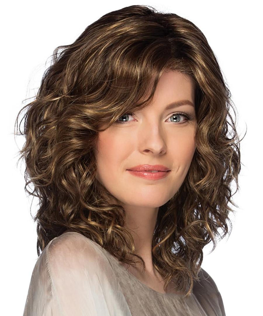 SEVENCOLORS Medium Length Brown Wigs for White Women Short Curly Brown Mixed Blonde Wig with Bangs Synthetic Hair Wavy Layered Bob Wigs