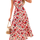 Women's 2025 Summer Floral Midi Dress Cap Sleeve V Neck Ruffle Long Flowy Boho Casual Beach Vacation Dresses
Size XL