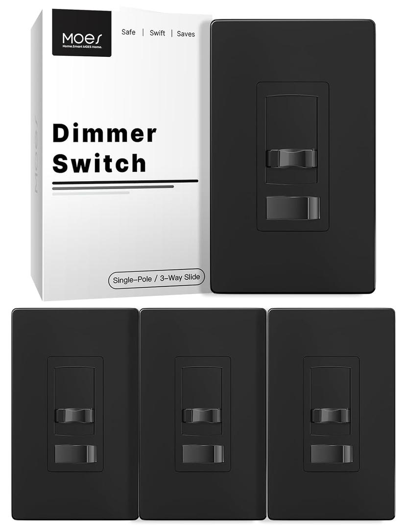 MOES Black Dimmer Light Switches 4 Pack, 3 Way & Single Pole Dimmable Switch for LED,CFL,Incandescent,Halogen, 600Watt Max, ON/Off Switch with Dimming Slide, No Neutral Wire Required