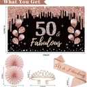 50th Birthday Decorations for Women, 33pcs 50th Birthday Crown and Sash, Black Rose Gold Happy 50th Birthday Banner Balloons Backdrop Hanging Swirls Paper Fans, 50 Years Old Birthday Decorations Kit