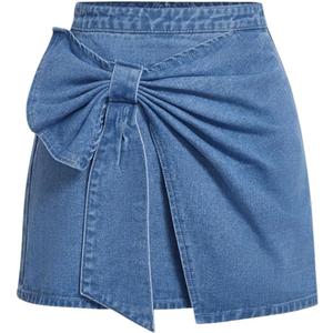 Floerns Women's Plus Size High Waist Denim Skirt Wrap Front Bow Bodycon Mini Skirt (Medium, Blue)