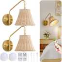 Boho Battery Operated Wall Sconce, 100% Natural Rattan Wall Sconces Set of Two Battery Operated, Adjustable Battery Wall Sconce, Remote Rechargeable Sconce, Wirless Battery Sconces for Bedroom