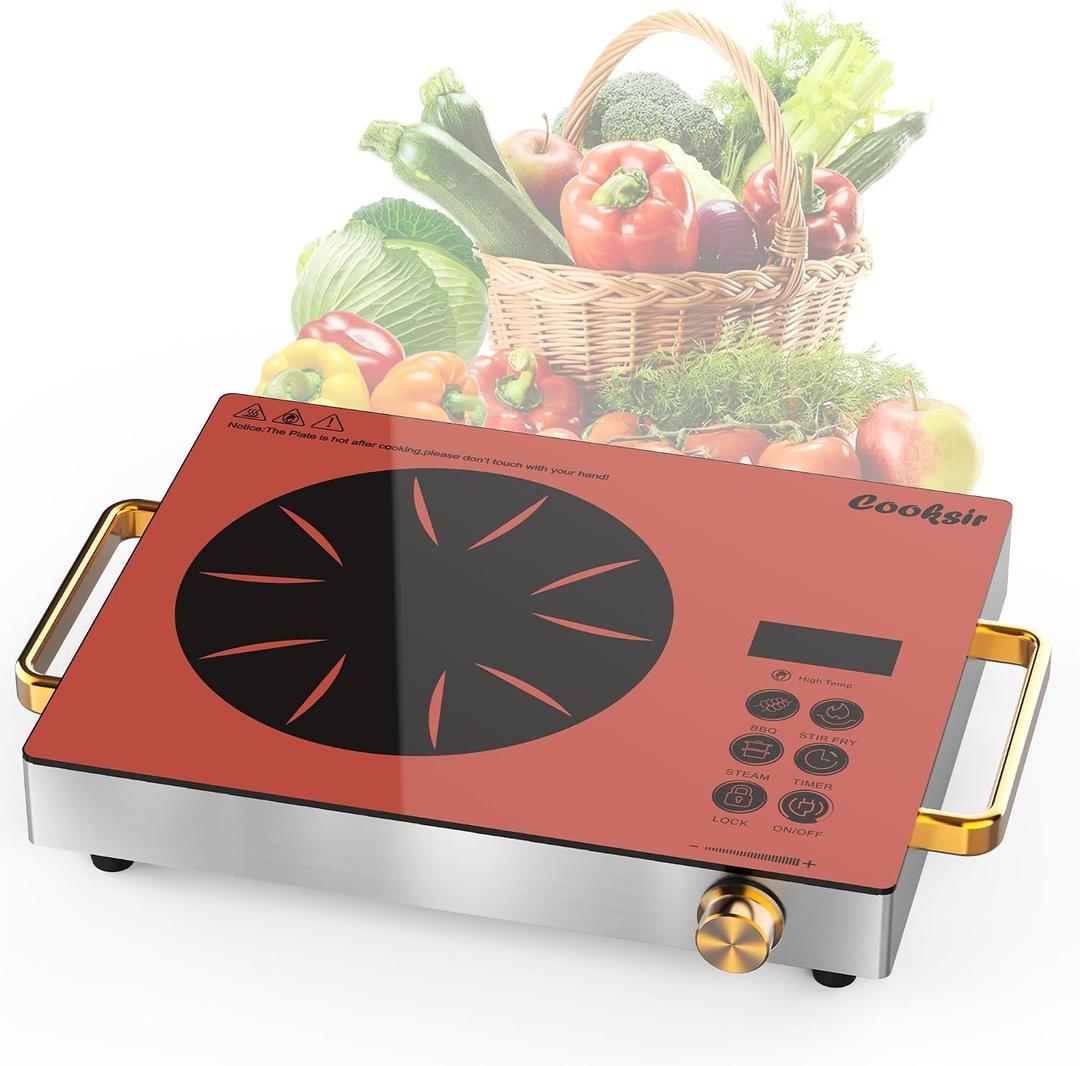 Single Burner Electric Cooktop Countertop Burner 110V 1800W, Orange | One Burner Electric Stove top for Dorm, Camping, RV, Timer, Child Lock, Steam, BBQ, Stir Fry, Portable 120V Plug in