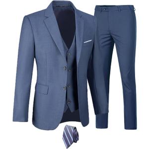 Mens 3 Piece Suits 2 Button Slim Fit Suit for Men Formal Tuxedo Blazer Suit Set Wedding Prom Business Jacket Vest & Pants Denim Blue-M
