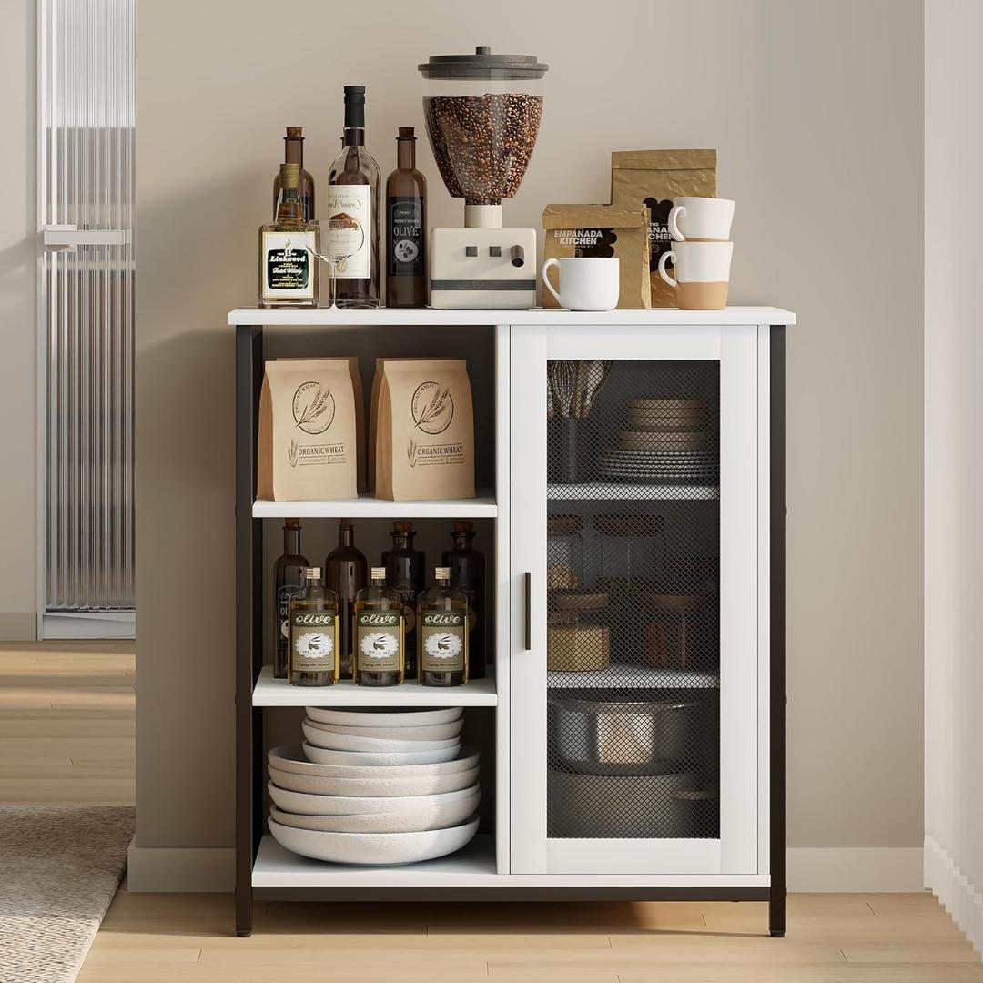 Coffee Bar Cabinet with Adjustable Shelves and Door, Rustic White, 27.5"L