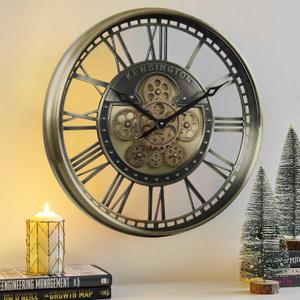 CLXEAST 21 Inch Large Moving Gears Wall Clock for Modern Farmhouse Living Room Decor, Brass Gold Roman Numerals Wall Clock Battery Operated, Wall Clock for Living Room (21 Inch ( 53.5 cm))