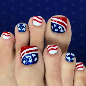 24Pcs Independence Day Press on Toenails Short Square WLGDLH 4th of July Toenail Press ons Glossy Fake Toe Nails Star Flag Lines False Toenails Full Cover Acrylic Glitter Glue on Toenail for Women