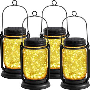 4 Pack Hanging Solar Lantern Lights,Vintage Glass Mason Jar Solar Fairy Lights, Mothers Day Gifts for Woman Mom Grandmom,Outdoor Decorative Waterproof Table Lamp with Stakes for Patio Yard Lawn Tree