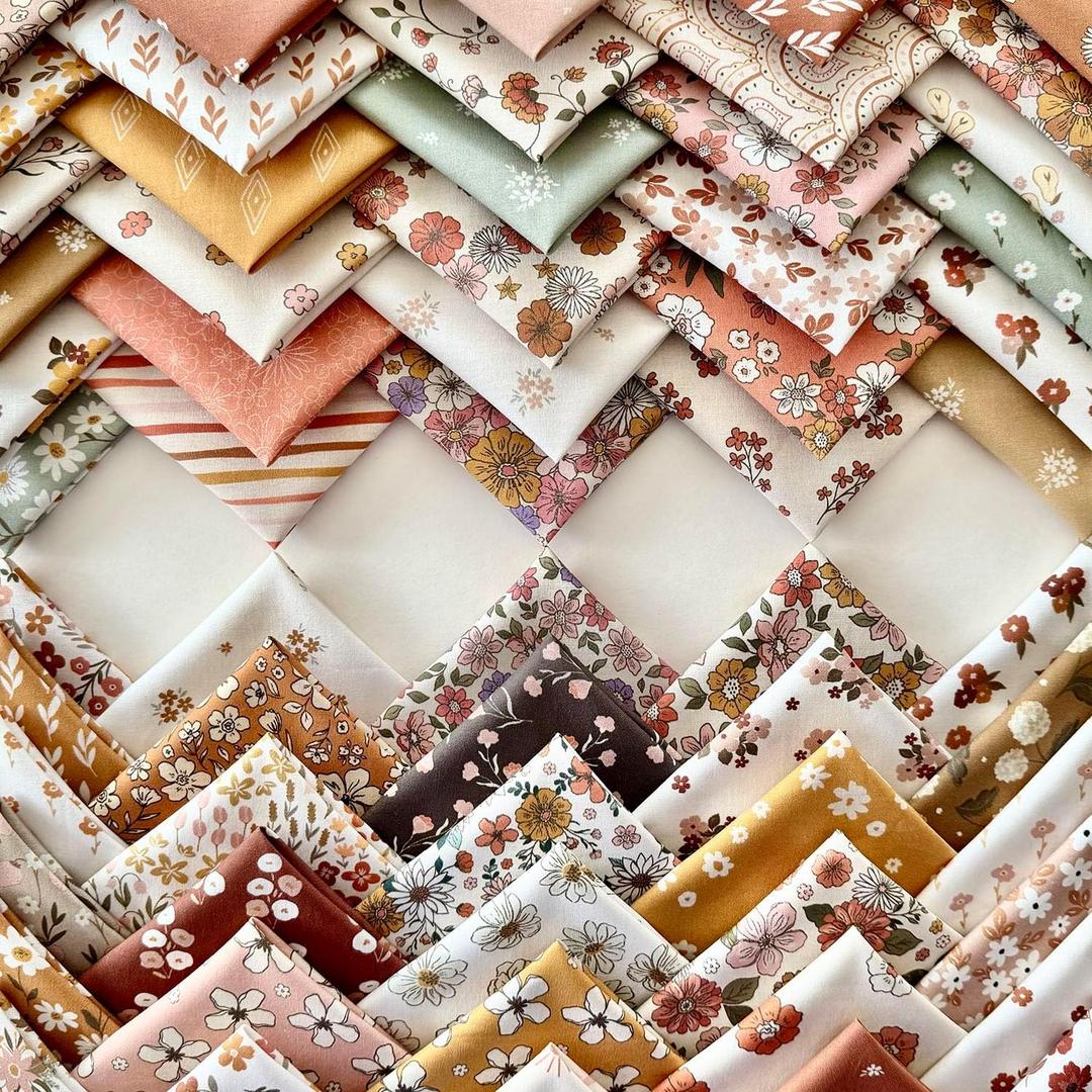 Vintage Floral Patchwork Cotton Fabric Set  60 Pre-Cut Squares, 2020 cm (88 inch), 100% Cotton, Eco Digital Print, Made in Trkiye (Boho Flowers)