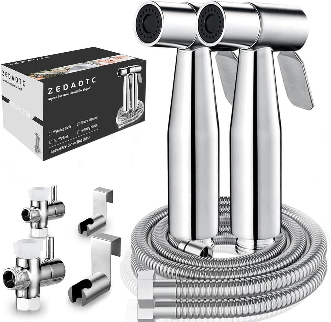 Handheld Bidet Sprayer for Toilet - Stainless Steel Portable Bathroom Bidet Jet Sprayer Set with Water Pressure Control - Cloth Diaper Sprayer for Baby Feminine Wash, Wall or Toilet Mount (2pcs)