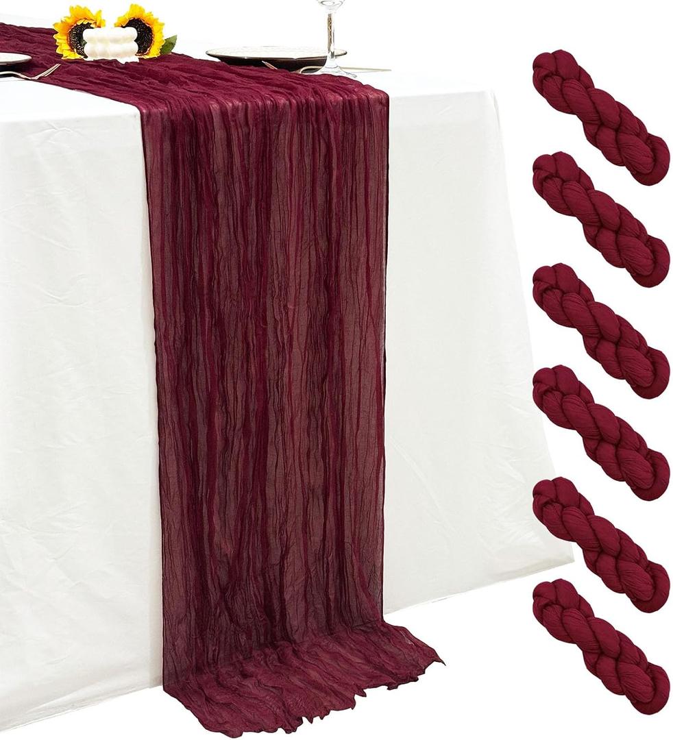 6Pack Burgundy Cheesecloth Table Runner,17 x 108 inch Sheer Cheese Cloth Fabric Table Runner Boho Burgundy Table Runners Bulk for Wedding,Birthday,Party,Holiday,Home Decor
