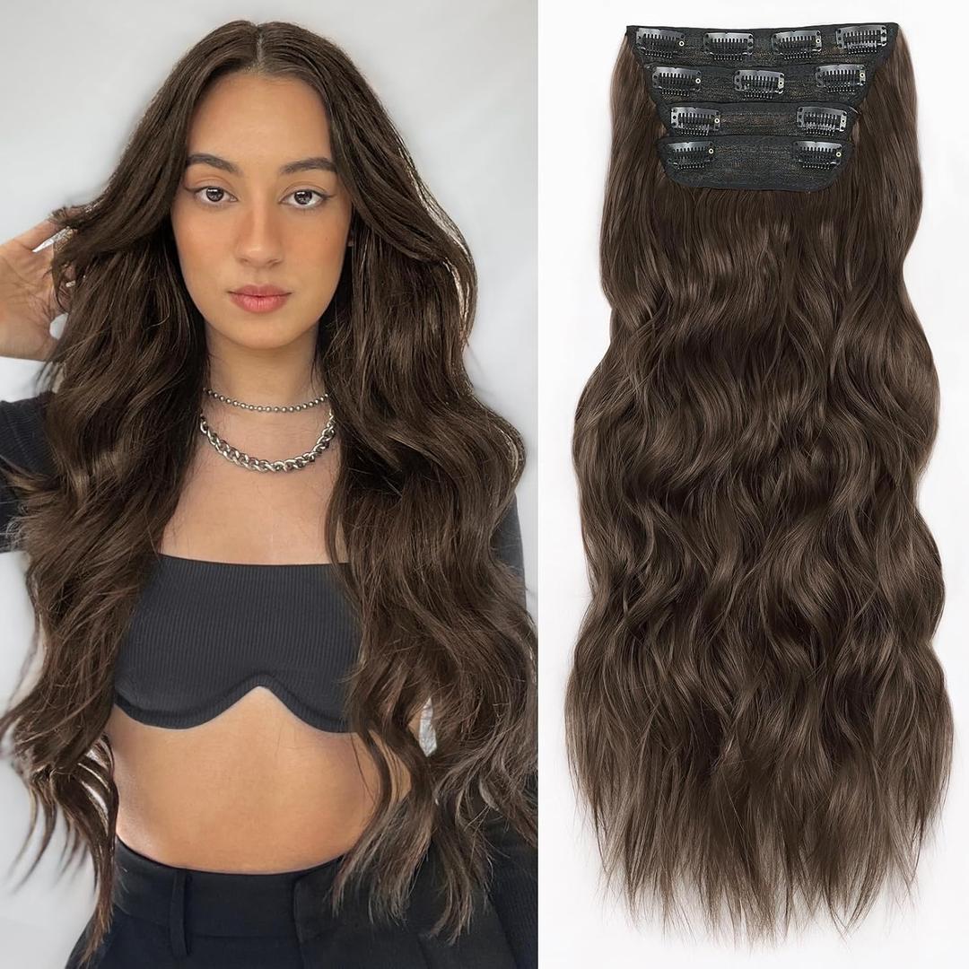 ALXNAN Clip in Hair Extensions for Women, Chocolate Brown with Dark Brown Long Wavy Hair Extensions Clip Ins 4PCS 20 Inch Synthetic Soft and Natural Thick Hair Pieces for Women
