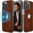 LOHASIC Compatible with MagSafe for iPhone 15 Pro Max Case, Leather Logo View Protective Shockproof Luxury Business Anti-Scratch Magnetic Phone Cases Men Cover 6.7" 2023 - Brown