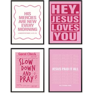 Locomiss Pink Dorm Decor Wall Art Posters, Preppy Y2K Teen Girls Wall Art Room Decor, Christian Pink Wall Dorm Decorations Prints for College Teen Girls, Set of 4 (12x16 Unframed)