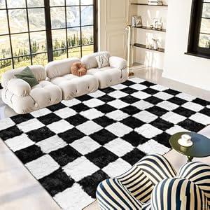 Black and White Checkered Rug 10x14, Shag Area Rug for Living Room or Bedroom, Fluffy Washable Indoor Non-Slip Fuzzy Carpet, Modern Aesthetic Home Decor