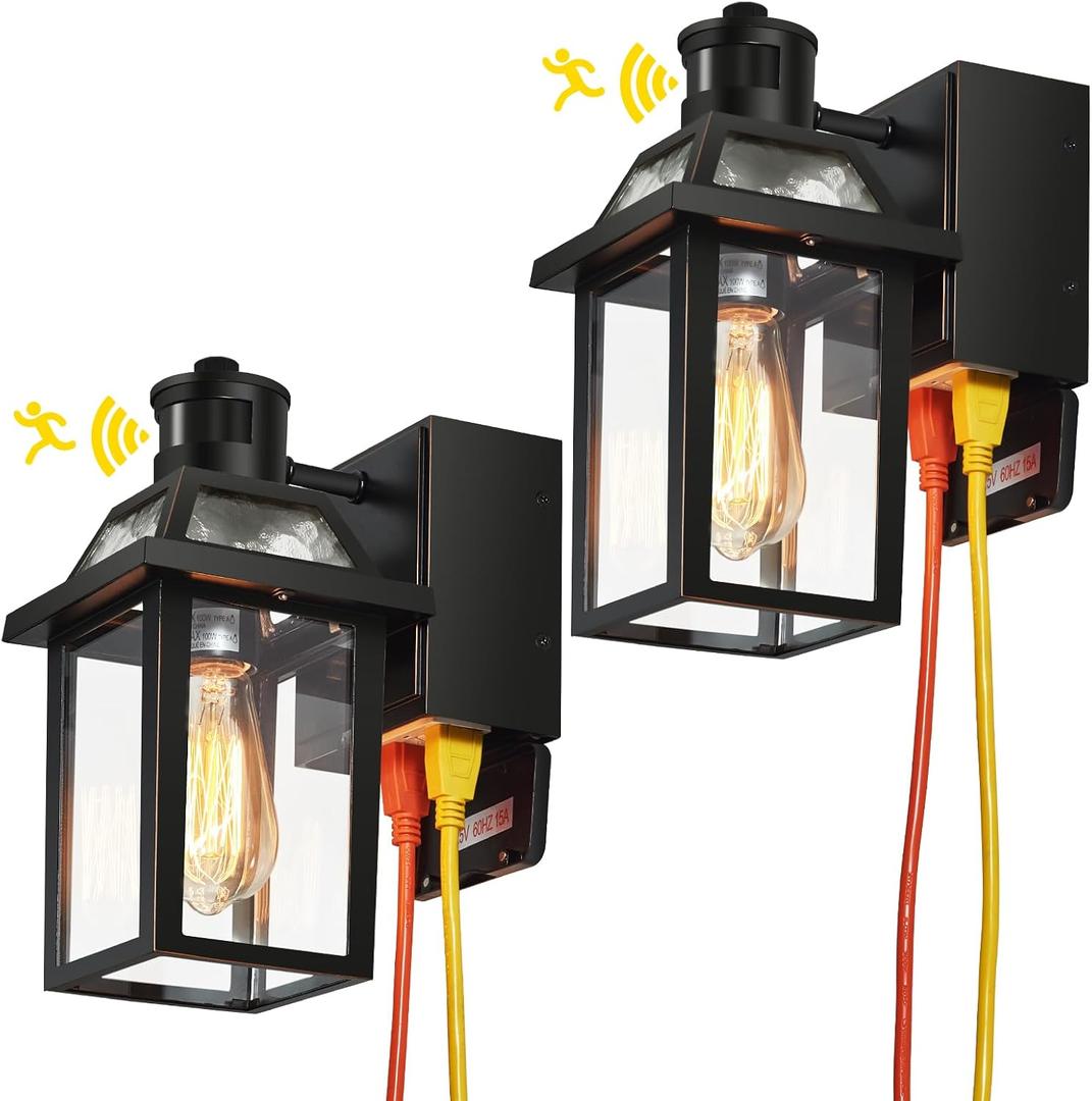 Yisuro Porch Lights with GFCI Outlet, Dusk to Dawn Motion Sensor Outdoor Light, 3 Lighting Modes Exterior Fixture, Outside for House Front Door Patio Garage(2 Pack Black)