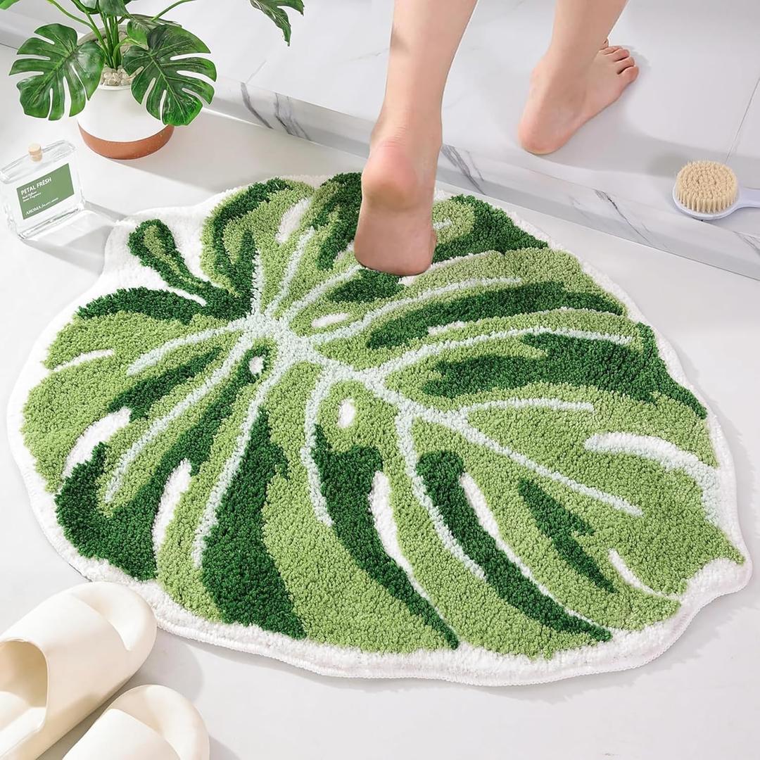 Panstar Green Leaf Mat, Large Monstera Cute Non Slip Palm Shaped Plush Fun Kitchen, Bathroom Bathtub Rugs Machine Washable (1'8" x 2'2" (Leaf))
