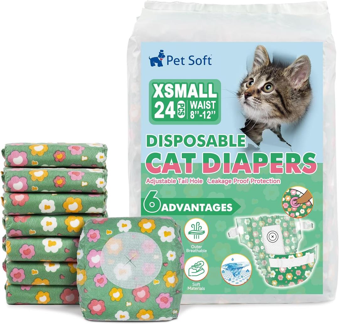 Pet Soft Disposable Cat Diapers - Diaper for Female & Male Cats, Puppy Doggie Diapers for Female Dogs with Adjustable Foam Tail Hole, X-Small (24Pcs, GN Flowers)