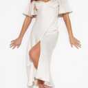 2025 Summer Women's Satin Off Shoulder Formal Dress Wedding Guest Elegant Butterfly Sleeve Split Cocktail Prom Midi Dresses (White, L)